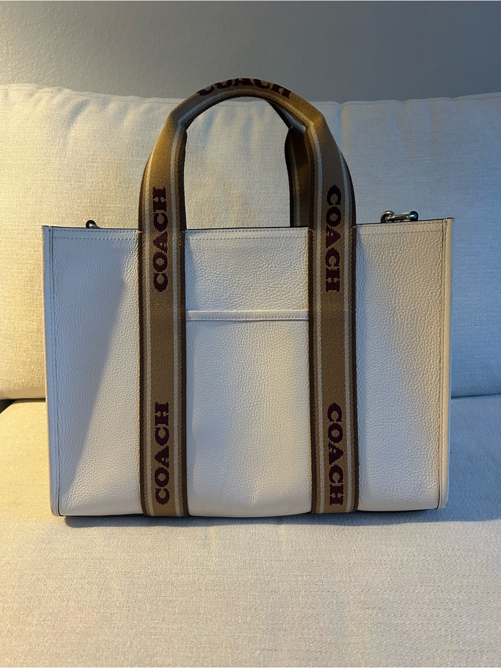 Coach White Pebbled Leather Tote with Tan Branded Straps